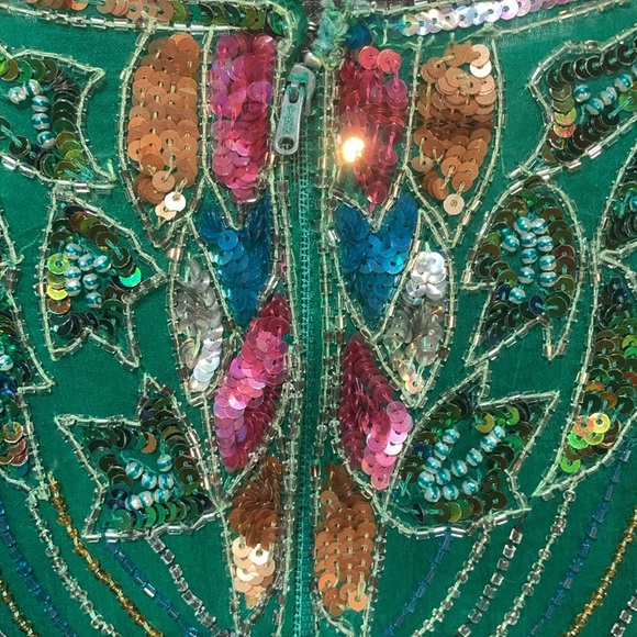 1980s Vintage Fully Embellished Sequin/Silk Emerald Green Long Sleeve Top Small - Picture 8 of 17